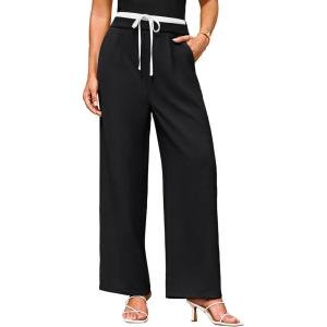 imageGRACE KARIN Womens Pants Wide Leg Pants Color Block Pants Elastic Waist Pants for Women Drawstring Pants with PocketsBlack