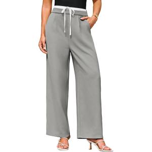 imageGRACE KARIN Womens Pants Wide Leg Pants Color Block Pants Elastic Waist Pants for Women Drawstring Pants with PocketsGrey