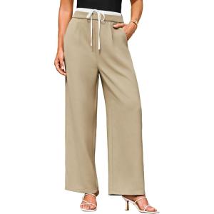 imageGRACE KARIN Womens Pants Wide Leg Pants Color Block Pants Elastic Waist Pants for Women Drawstring Pants with PocketsKhaki