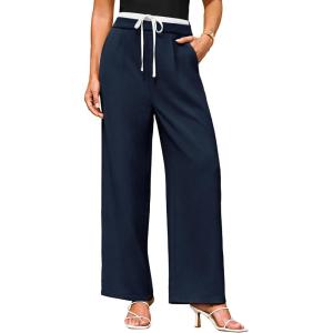 imageGRACE KARIN Womens Pants Wide Leg Pants Color Block Pants Elastic Waist Pants for Women Drawstring Pants with PocketsNavy Blue