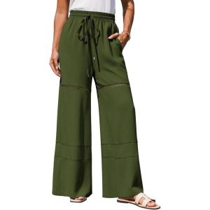 imageGRACE KARIN Womens Summer Palazzo Pants Vacation Outfits High Waisted Hollow Out Wide Leg Trouser with PocketsArmy Green