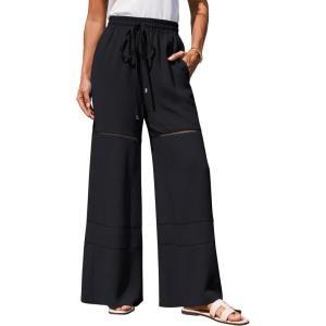 imageGRACE KARIN Womens Summer Palazzo Pants Vacation Outfits High Waisted Hollow Out Wide Leg Trouser with PocketsBlack