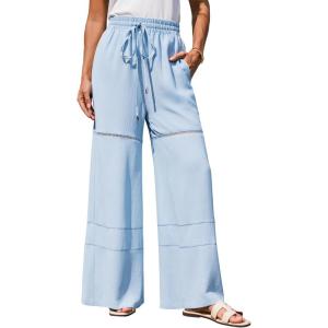 imageGRACE KARIN Womens Summer Palazzo Pants Vacation Outfits High Waisted Hollow Out Wide Leg Trouser with PocketsLight Blue