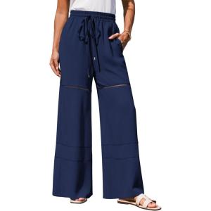 imageGRACE KARIN Womens Summer Palazzo Pants Vacation Outfits High Waisted Hollow Out Wide Leg Trouser with PocketsNavy