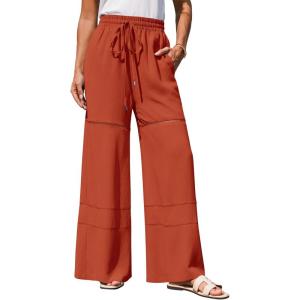 imageGRACE KARIN Womens Summer Palazzo Pants Vacation Outfits High Waisted Hollow Out Wide Leg Trouser with PocketsRust Red