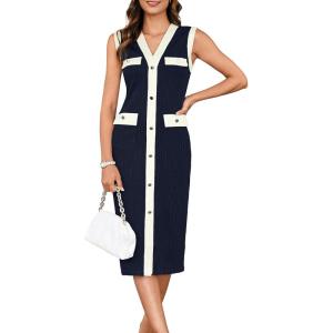 imageGRACE KARIN Womens Summer Sleeveless Midi Dresses Casual Knit V Neck Button Elegant Bodycon Work Dress with PocketsNavy Blue