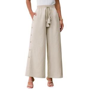 imageGRACE KARIN Womens Summer Wide Leg Pants High Waisted Palazzo Pants Caual Flowy Beach Trousers with PocketsApricot