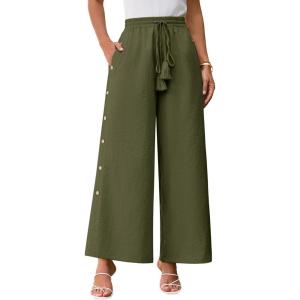 imageGRACE KARIN Womens Summer Wide Leg Pants High Waisted Palazzo Pants Caual Flowy Beach Trousers with PocketsArmy Green