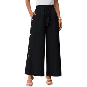 imageGRACE KARIN Womens Summer Wide Leg Pants High Waisted Palazzo Pants Caual Flowy Beach Trousers with PocketsBlack
