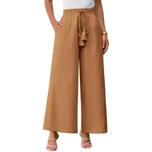 imageGRACE KARIN Womens Summer Wide Leg Pants High Waisted Palazzo Pants Caual Flowy Beach Trousers with PocketsBrown