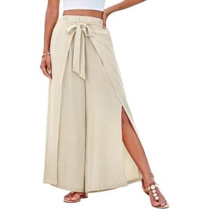 imageGRACE KARIN Womens Wide Leg Pants High Waisted Palazzo Beach Pants Tie Knot Summer Caual Split Flowy Trousers with PocketsApricot