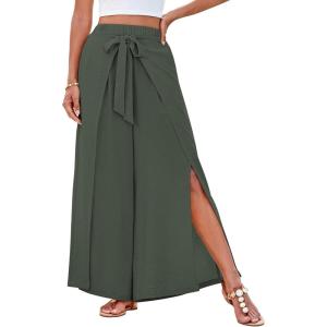 imageGRACE KARIN Womens Wide Leg Pants High Waisted Palazzo Beach Pants Tie Knot Summer Caual Split Flowy Trousers with PocketsArmy Green