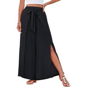 imageGRACE KARIN Womens Wide Leg Pants High Waisted Palazzo Beach Pants Tie Knot Summer Caual Split Flowy Trousers with PocketsBlack