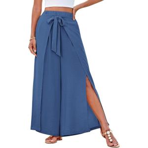 imageGRACE KARIN Womens Wide Leg Pants High Waisted Palazzo Beach Pants Tie Knot Summer Caual Split Flowy Trousers with PocketsBlue