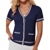 imageGRACE KARIN Womens Cardigans Lightweight Summer Short Sleeve Tweed Cardigan Casual Button Down Color Block Sweaters TopsNavy