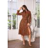 imageGRACE KARIN Womens Long Sleeve Midi A Line Dress Gold Dot Round Neck Ruffle Tiered Belt Wedding Guest Dress with SlitLong Sleeve Browngold Dots