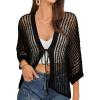 imageGRACE KARIN Lightweight Summer Cardigan for Women 2025 34 Sleeve Tie Front Crochet Sweater Cardigans Oversized Beach CoverupBlack