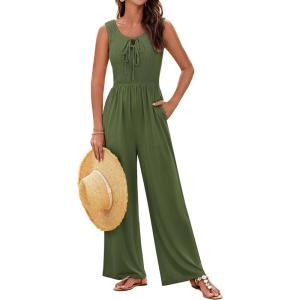 imageGRACE KARIN Jumpsuits for Women Bow Tie Front Overalls Smocked Tops Wide Legs Casual Knitted Outfits with PocketsArmy Green