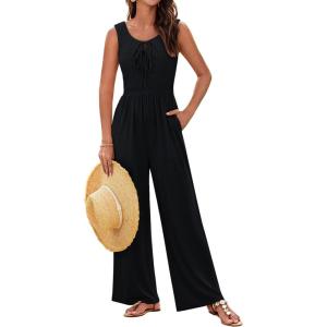 imageGRACE KARIN Jumpsuits for Women Bow Tie Front Overalls Smocked Tops Wide Legs Casual Knitted Outfits with PocketsBlack