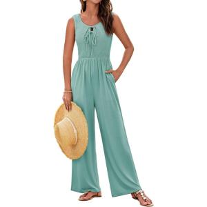 imageGRACE KARIN Jumpsuits for Women Bow Tie Front Overalls Smocked Tops Wide Legs Casual Knitted Outfits with PocketsGreen