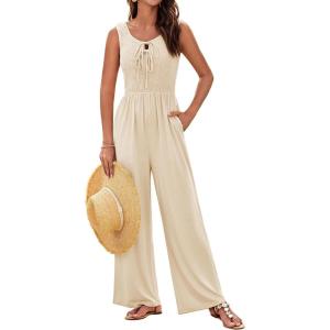 imageGRACE KARIN Jumpsuits for Women Bow Tie Front Overalls Smocked Tops Wide Legs Casual Knitted Outfits with PocketsKhaki