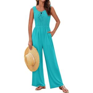 imageGRACE KARIN Jumpsuits for Women Bow Tie Front Overalls Smocked Tops Wide Legs Casual Knitted Outfits with PocketsLight Blue