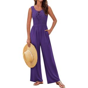 imageGRACE KARIN Jumpsuits for Women Bow Tie Front Overalls Smocked Tops Wide Legs Casual Knitted Outfits with PocketsPurple