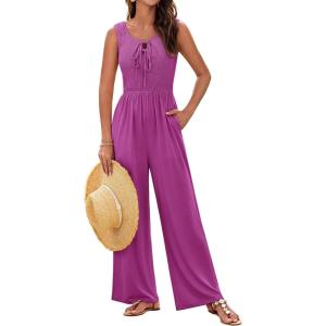 imageGRACE KARIN Jumpsuits for Women Bow Tie Front Overalls Smocked Tops Wide Legs Casual Knitted Outfits with PocketsRose Red