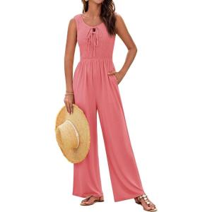 imageGRACE KARIN Jumpsuits for Women Bow Tie Front Overalls Smocked Tops Wide Legs Casual Knitted Outfits with PocketsSalmon