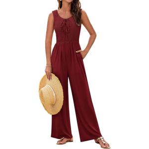 imageGRACE KARIN Jumpsuits for Women Bow Tie Front Overalls Smocked Tops Wide Legs Casual Knitted Outfits with PocketsWine