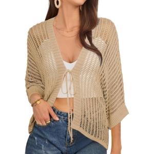 imageGRACE KARIN Lightweight Summer Cardigan for Women 2025 34 Sleeve Tie Front Crochet Sweater Cardigans Oversized Beach CoverupApricot