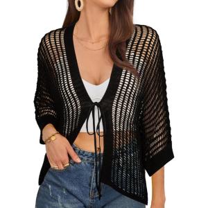 imageGRACE KARIN Lightweight Summer Cardigan for Women 2025 34 Sleeve Tie Front Crochet Sweater Cardigans Oversized Beach CoverupBlack