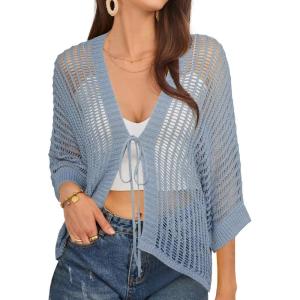 imageGRACE KARIN Lightweight Summer Cardigan for Women 2025 34 Sleeve Tie Front Crochet Sweater Cardigans Oversized Beach CoverupGray Blue