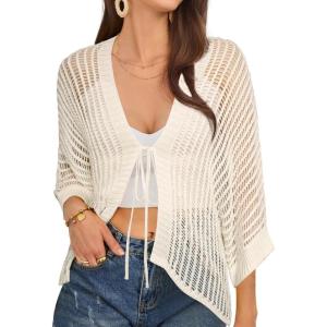 imageGRACE KARIN Lightweight Summer Cardigan for Women 2025 34 Sleeve Tie Front Crochet Sweater Cardigans Oversized Beach CoverupWhite