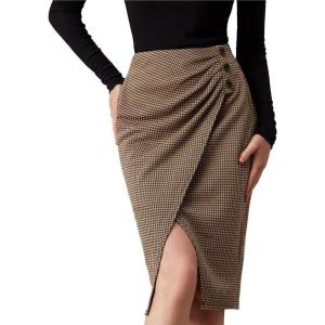 imageGRACE KARIN Plaid Midi Skirts for Women High Waisted Wrap Ruched Bodycon Skirt Fall Pencil Skirts Dressy CasualKhaki Plaid