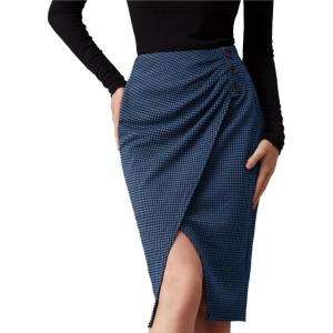 imageGRACE KARIN Plaid Midi Skirts for Women High Waisted Wrap Ruched Bodycon Skirt Fall Pencil Skirts Dressy CasualNavy Blue Plaid
