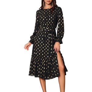 imageGRACE KARIN Womens Long Sleeve Midi A Line Dress Gold Dot Round Neck Ruffle Tiered Belt Wedding Guest Dress with SlitBlackgold Dots
