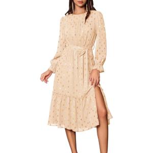 imageGRACE KARIN Womens Long Sleeve Midi A Line Dress Gold Dot Round Neck Ruffle Tiered Belt Wedding Guest Dress with SlitLong Sleeve Beigegold Dots