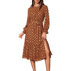 imageGRACE KARIN Womens Long Sleeve Midi A Line Dress Gold Dot Round Neck Ruffle Tiered Belt Wedding Guest Dress with SlitLong Sleeve Browngold Dots