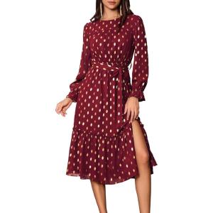 imageGRACE KARIN Womens Long Sleeve Midi A Line Dress Gold Dot Round Neck Ruffle Tiered Belt Wedding Guest Dress with SlitLong Sleeve Wine Redgold Dots