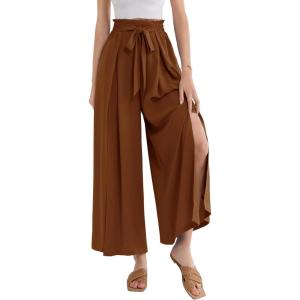 imageGRACE KARIN Womens Wide Leg Pants with Pockets Lightweight High Waisted Tie Knot Caual Loose Split Flowy Palazzo TrousersBrown