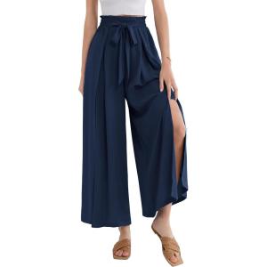 imageGRACE KARIN Womens Wide Leg Pants with Pockets Lightweight High Waisted Tie Knot Caual Loose Split Flowy Palazzo TrousersNavy