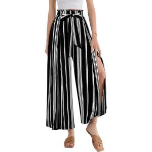 imageGRACE KARIN Womens Wide Leg Pants with Pockets Lightweight High Waisted Tie Knot Caual Loose Split Flowy Palazzo TrousersStripe Black