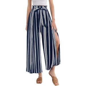 imageGRACE KARIN Womens Wide Leg Pants with Pockets Lightweight High Waisted Tie Knot Caual Loose Split Flowy Palazzo TrousersStripe Navy