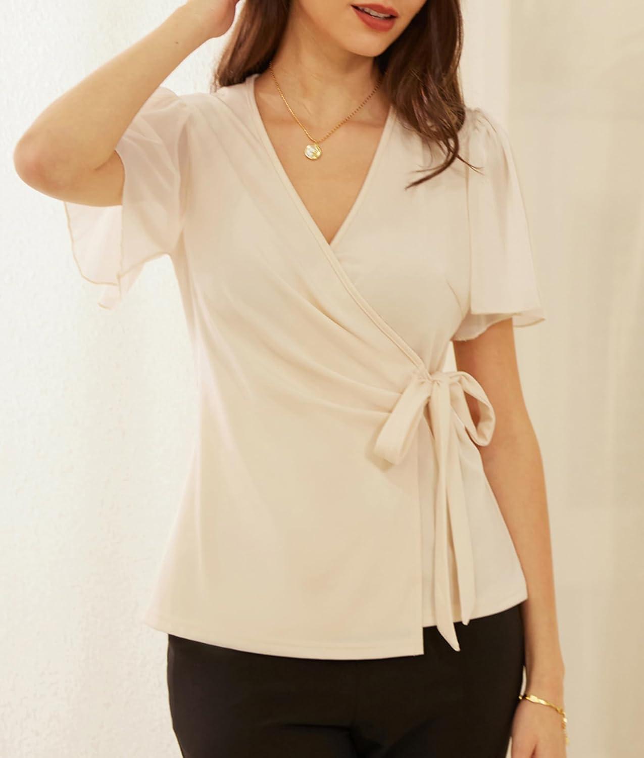 imageGRACE KARIN 2025 Womens Summer Tops Dressy Business Casual Chiffon Short Sleeve VNeck Wrap Work Fitted BlousesApricot