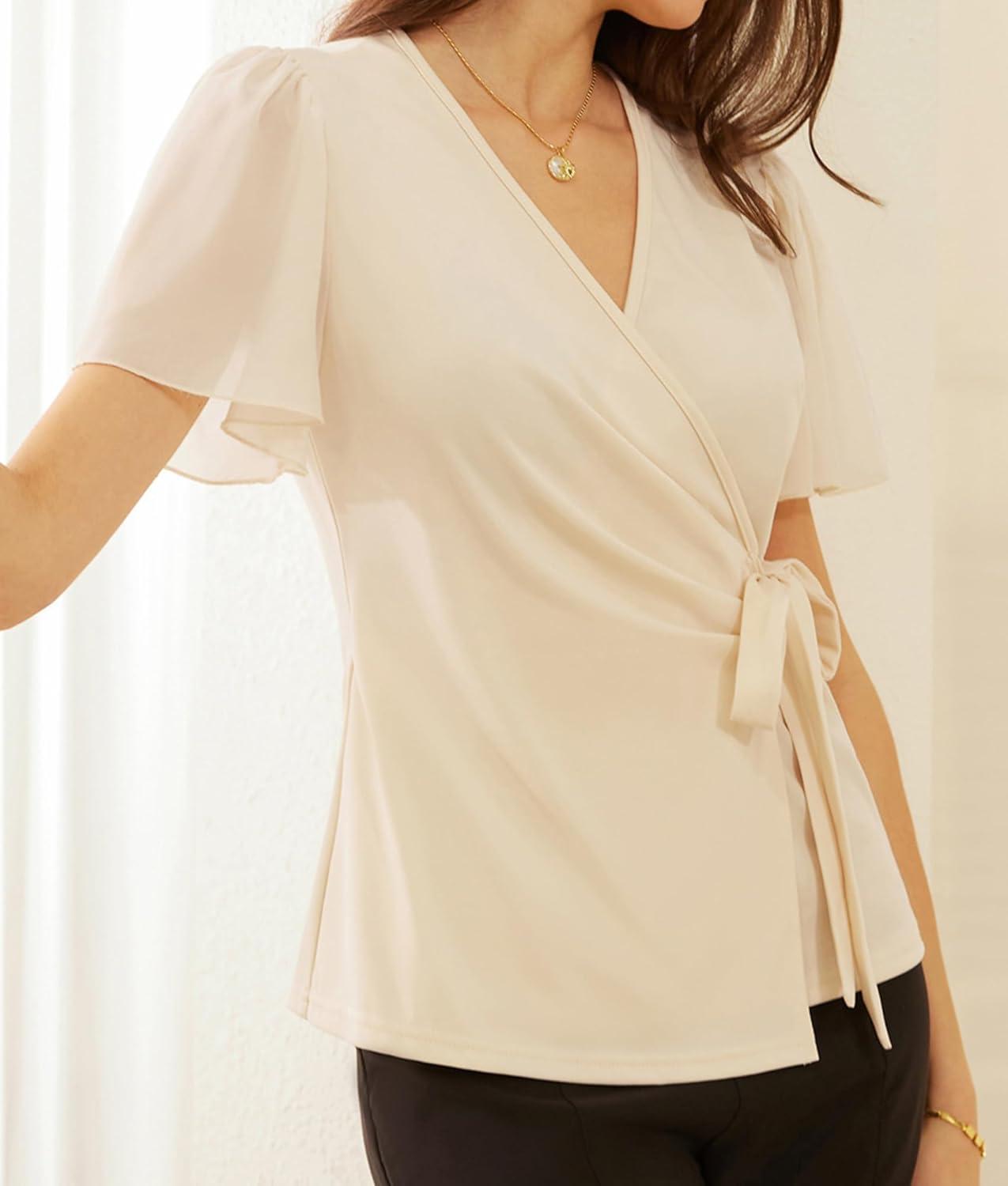 imageGRACE KARIN 2025 Womens Summer Tops Dressy Business Casual Chiffon Short Sleeve VNeck Wrap Work Fitted BlousesApricot