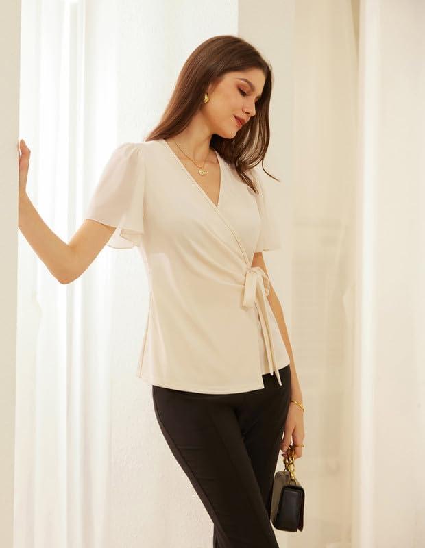 imageGRACE KARIN 2025 Womens Summer Tops Dressy Business Casual Chiffon Short Sleeve VNeck Wrap Work Fitted BlousesApricot