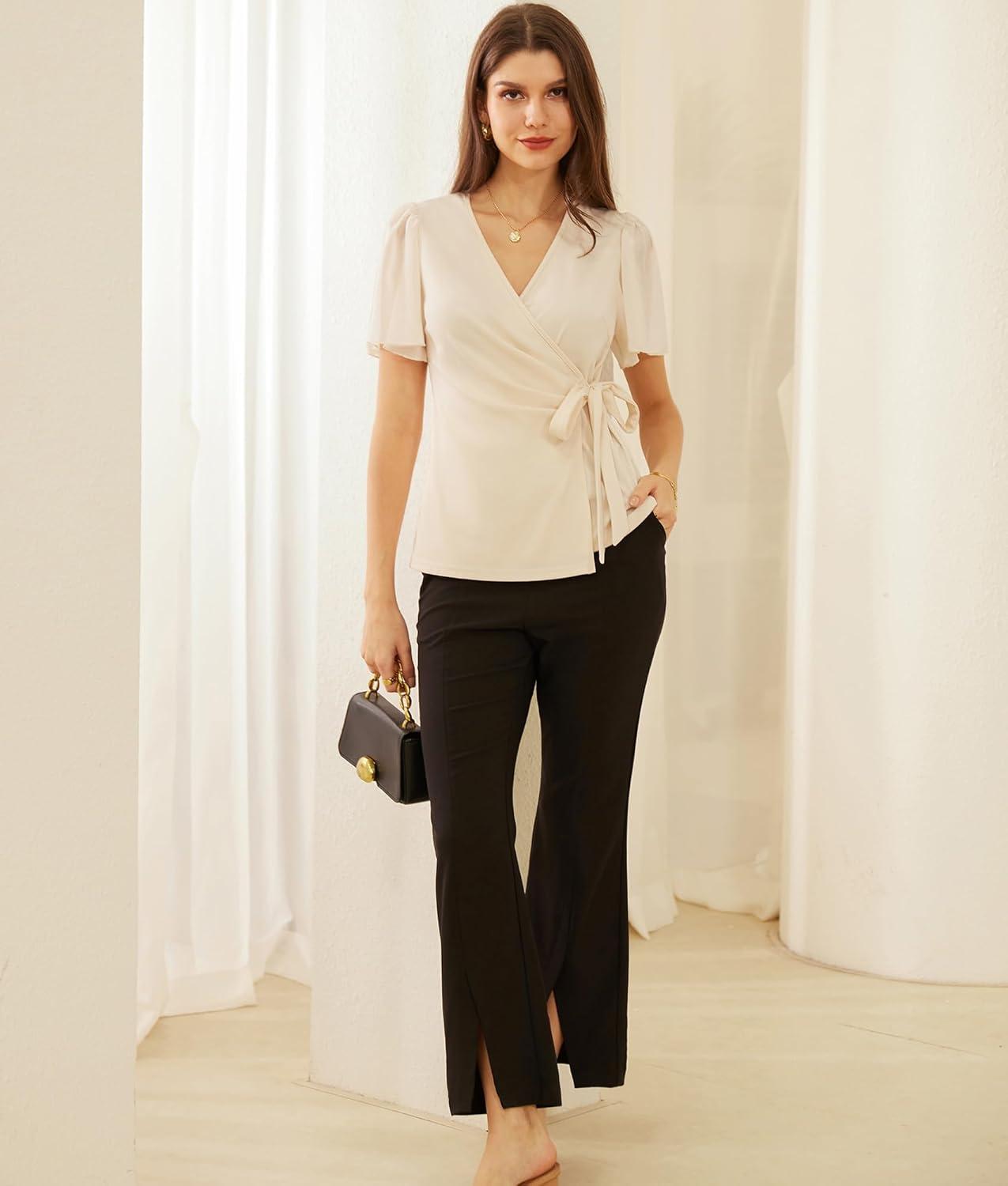 imageGRACE KARIN 2025 Womens Summer Tops Dressy Business Casual Chiffon Short Sleeve VNeck Wrap Work Fitted BlousesApricot