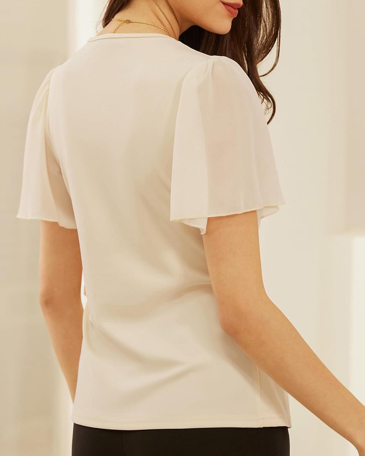 imageGRACE KARIN 2025 Womens Summer Tops Dressy Business Casual Chiffon Short Sleeve VNeck Wrap Work Fitted BlousesApricot