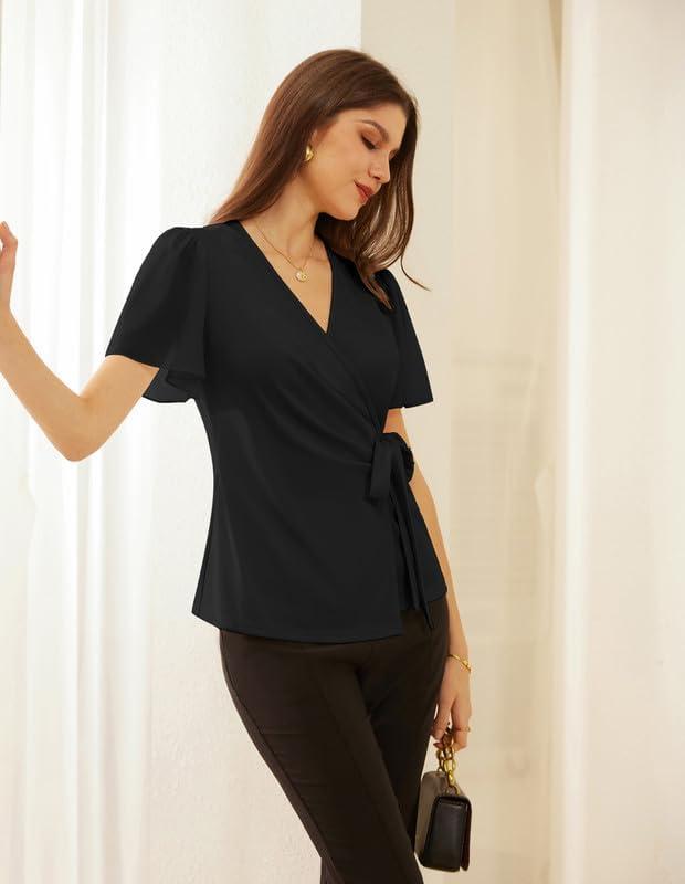 imageGRACE KARIN 2025 Womens Summer Tops Dressy Business Casual Chiffon Short Sleeve VNeck Wrap Work Fitted BlousesBlack